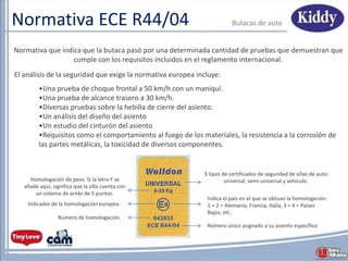 Normativa ECE R44/04 Butacas de auto
Normativa que indica que la butaca pasó por una determinada cantidad de pruebas que demuestran que
cumple con los requisitos incluidos en el reglamento internacional.
El análisis de la seguridad que exige la normativa europea incluye:
•Una prueba de choque frontal a 50 km/h con un maniquí.
•Una prueba de alcance trasero a 30 km/h.
•Diversas pruebas sobre la hebilla de cierre del asiento.
•Un análisis del diseño del asiento
•Un estudio del cinturón del asiento
•Requisitos como el comportamiento al fuego de los materiales, la resistencia a la corrosión de
las partes metálicas, la toxicidad de diversos componentes.
3 tipos de certificados de seguridad de sillas de auto:
universal, semi-universal y vehículo.Homologación de peso. Si la letra Y se
añade aquí, significa que la silla cuenta con
un sistema de arnés de 5 puntos.
Indicador de la homologación europea.
Indica el país en el que se obtuvo la homologación:
1 = 2 = Alemania, Francia, Italia, 3 = 4 = Países
Bajos, etc.
Número de homologación.
Número único asignado a su asiento específico
 