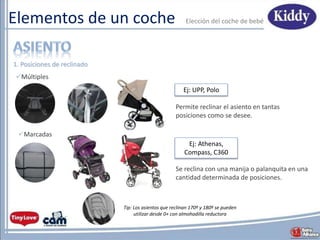 Elementos de un coche
Tip: Los asientos que reclinan 170º y 180º se pueden
utilizar desde 0+ con almohadilla reductora
Marcadas
Múltiples
1. Posiciones de reclinado
Ej: UPP, Polo
Permite reclinar el asiento en tantas
posiciones como se desee.
Se reclina con una manija o palanquita en una
cantidad determinada de posiciones.
Elecciόn del coche de bebé
Ej: Athenas,
Compass, C360
 