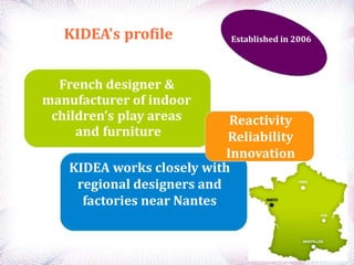 2
French designer &
manufacturer of indoor
children’s play areas
and furniture
KIDEA's profile Established in 2006
KIDEA works closely with
regional designers and
factories near Nantes
Reactivity
Reliability
Innovation
 