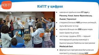 Kid’IT т цифрау
● навчання пройшли вже 67 груп у
Рівному, Києві, Івано-Франківську,
Львові, Тернополі
● створено близько 400 дитячих анімацій,
мультфільмів та ігор
● відзнято більше ніж 200 відеоглядів
своїх проектів дітьми
● листопад-грудень 2016 — перший
міжнародний досвід взаємодії з
Адміністрацією Любліна за програмою
MediaLab East
● формується прогресивне батьківське
ком’юніті у кількості понад 400
 