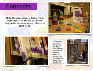 Concepts
        ABCs, Numbers, Shapes, Colors, Time,
         Opposites - This section has books
       designed to intro...