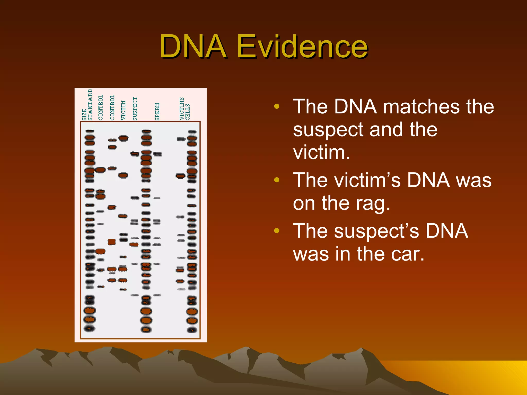 DNA Evidence The DNA matches the suspect and the victim. The victim’s DNA was on the rag. The suspect’s DNA was in the car. 