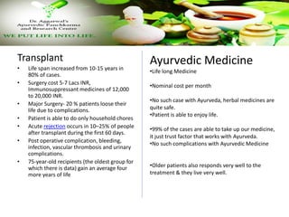 Transplant
• Life span increased from 10-15 years in
80% of cases.
• Surgery cost 5-7 Lacs INR,
Immunosuppressant medicines of 12,000
to 20,000 INR.
• Major Surgery- 20 % patients loose their
life due to complications.
• Patient is able to do only household chores
• Acute rejection occurs in 10–25% of people
after transplant during the first 60 days.
• Post operative complication, bleeding,
infection, vascular thrombosis and urinary
complications.
• 75-year-old recipients (the oldest group for
which there is data) gain an average four
more years of life
Ayurvedic Medicine
•Life long Medicine
•Nominal cost per month
•No such case with Ayurveda, herbal medicines are
quite safe.
•Patient is able to enjoy life.
•99% of the cases are able to take up our medicine,
it just trust factor that works with Ayurveda.
•No such complications with Ayurvedic Medicine
•Older patients also responds very well to the
treatment & they live very well.
 