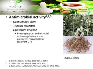 • Antimicrobial activity1,2,3
– Ocimum basilicum
– Tribulus terrestris
– Equisetum arvense
• Broad-spectrum antimicrobial
...