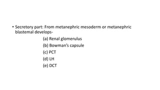 • Secretory part: From metanephric mesoderm or metanephric
blastemal develops-
(a) Renal glomerulus
(b) Bowman’s capsule
(c) PCT
(d) LH
(e) DCT
 
