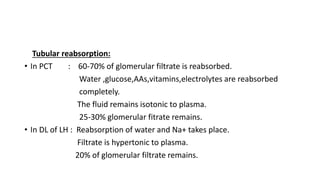 Tubular reabsorption:
• In PCT : 60-70% of glomerular filtrate is reabsorbed.
Water ,glucose,AAs,vitamins,electrolytes are reabsorbed
completely.
The fluid remains isotonic to plasma.
25-30% glomerular fitrate remains.
• In DL of LH : Reabsorption of water and Na+ takes place.
Filtrate is hypertonic to plasma.
20% of glomerular filtrate remains.
 