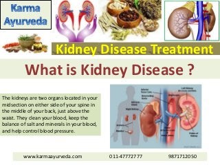 Kidney Disease Treatment
What is Kidney Disease ?
The kidneys are two organs located in your
midsection on either side of your spine in
the middle of your back, just above the
waist. They clean your blood, keep the
balance of salt and minerals in your blood,
and help control blood pressure.
www.karmaayurveda.com 011-47772777 9871712050
 