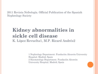 2011 Revista Nefrología. Official Publication of the Spanish
Nephrology Society




    Kidney abnormalities in
    sickle cell disease
    K. López Revuelta1, M.P. Ricard Andrés2



                 1 Nephrology Department. Fundación Alcorcón University
                 Hospital. Madrid, Spain
                 2 Haematology Department. Fundación Alcorcón
                 University Hospital. Madrid, Spain
 