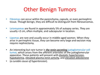 Other Benign Tumors
• Fibromas can occur within the parenchyma, capsule, or even perinephric
tissue. Though benign, they are difficult to distinguish from fibrosarcomas.
• Leiomyomas are found in approximately 5% of autopsy series. They are
usually <2 cm, often multiple, and subcapsular in location.
• Lipomas are rare and usually occur in middle-aged women. When they
arise in perinephric tissue, they can become very large and excision may
require nephrectomy.
• An interesting but rare tumor is the renin-secreting juxtaglomerular cell
tumor, which arises from the afferent arterioles of the juxtaglomerular
apparatus. These patients will present with diastolic hypertension,
hypokalemia, elevated plasma renin activity, and elevated aldosterone
• (a curable cause of hypertension).
 