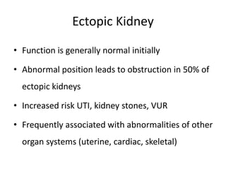 Ectopic Kidney
• Function is generally normal initially
• Abnormal position leads to obstruction in 50% of
ectopic kidneys
• Increased risk UTI, kidney stones, VUR
• Frequently associated with abnormalities of other
organ systems (uterine, cardiac, skeletal)
 