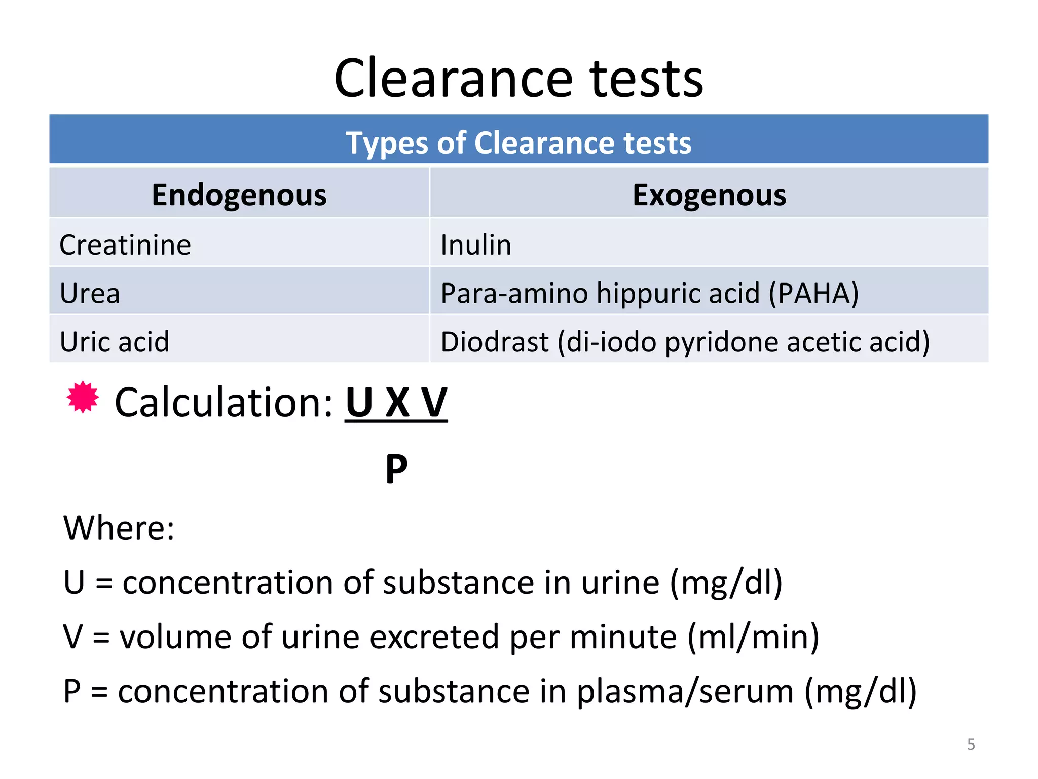 Clearance tests
                  Types of Clearance tests
       Endogenous                     Exogenous
Creatinine               Inulin
Urea                     Para-amino hippuric acid (PAHA)
Uric acid                Diodrast (di-iodo pyridone acetic acid)
 Calculation: U X V
                     P
Where:
U = concentration of substance in urine (mg/dl)
V = volume of urine excreted per minute (ml/min)
P = concentration of substance in plasma/serum (mg/dl)
                                                                   5
 