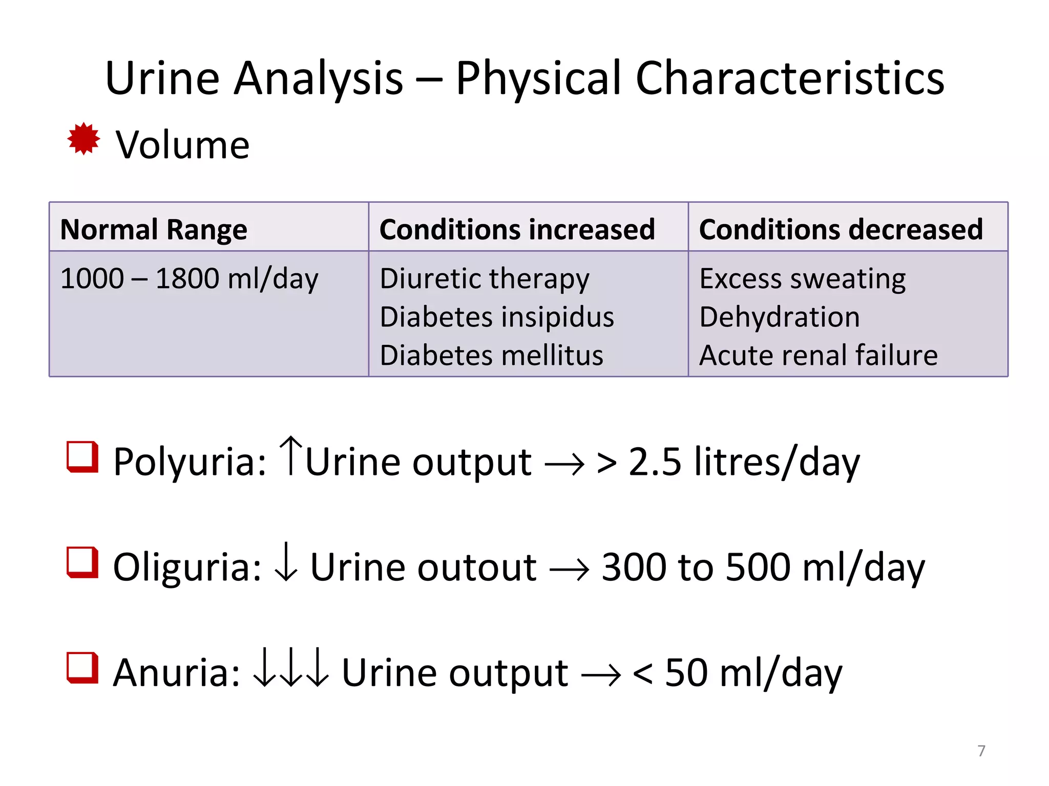 Urine Analysis – Physical Characteristics
 Volume
Normal Range         Conditions increased   Conditions decreased
1000 – 1800 ml/day   Diuretic therapy       Excess sweating
                     Diabetes insipidus     Dehydration
                     Diabetes mellitus      Acute renal failure


 Polyuria: ↑Urine output → > 2.5 litres/day

 Oliguria: ↓ Urine outout → 300 to 500 ml/day

 Anuria: ↓↓↓ Urine output → < 50 ml/day
                                                                  7
 
