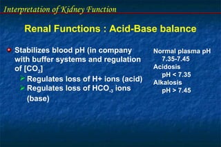 Interpretation of Kidney Function
Renal Functions : Acid-Base balance
Stabilizes blood pH (in company
with buffer systems and regulation
of [CO2]
 Regulates loss of H+ ions (acid)
 Regulates loss of HCO-3 ions
(base)
Normal plasma pH
7.35-7.45
Acidosis
pH < 7.35
Alkalosis
pH > 7.45
 