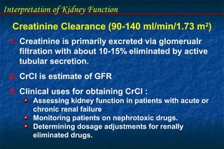 Interpretation of Kidney Function
Creatinine Clearance (90-140 ml/min/1.73 m2
)
1. Creatinine is primarily excreted via glomerualr
filtration with about 10-15% eliminated by active
tubular secretion.
2. CrCl is estimate of GFR
3. Clinical uses for obtaining CrCl :
Assessing kidney function in patients with acute or
chronic renal failure
Monitoring patients on nephrotoxic drugs.
Determining dosage adjustments for renally
eliminated drugs.
 