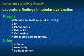 Interpretation of Kidney Function
Laboratory findings in tubular dysfunction
Plasma:
Metabolic acidosis (↓ pH & ↓ HCO3
-
).
↓ K+
↓ Phosphorus
↓ Uric acid
↑ Osmolality
Normal urea and creatinine.
Urine
↑ volume
↓ osmolality
↑ sodium content
 