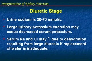 Interpretation of Kidney Function
Diuretic Stage
• Urine sodium is 50-70 mmol/L.
• Large urinary potassium excretion may
casue decreased serum potassium.
• Serum Na and Cl may ↑ due to dehydration
resulting from large diuresis if replacement
of water is inadequate.
 