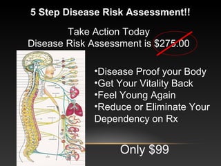 Take Action Today
Disease Risk Assessment is $275.00
5 Step Disease Risk Assessment!!
•Disease Proof your Body
•Get Your Vitality Back
•Feel Young Again
•Reduce or Eliminate Your
Dependency on Rx
Only $99
 
