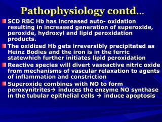Pathophysiology contdPathophysiology contd……
SCD RBC Hb has increased auto- oxidation
resulting in increased generation of superoxide,
peroxide, hydroxyl and lipid peroxidation
products.
The oxidized Hb gets irreversibly precipitated as
Heinz Bodies and the iron is in the ferric
statewhich further initiates lipid peroxidation
Reactive species will divert vasoactive nitric oxide
from mechanisms of vascular relaxation to agents
of inflammation and constriction
Superoxide combines with NO to formSuperoxide combines with NO to form
peroxynitritesperoxynitrites induces the enzyme NO synthaseinduces the enzyme NO synthase
in the tubular epithelial cellsin the tubular epithelial cells  induce apoptosisinduce apoptosis
 