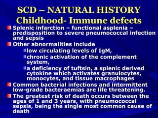SCD – NATURAL HISTORYSCD – NATURAL HISTORY
Childhood- Immune defectsChildhood- Immune defects
Splenic infarction – functional asplenia –
predisposition to severe pneumococcal infection
and sepsis
Other abnormalities include
low circulating levels of IgM,
chronic activation of the complement
system,
a deficiency of tuftsin, a splenic derived
cytokine which activates granulocytes,
monocytes, and tissue macrophages
Common bacterial infections and intermittent
low-grade bacteraemias are life threatening.
The greatest risk of death occurs between the
ages of 1 and 3 years, with pneumococcal
sepsis, being the single most common cause of
death
 