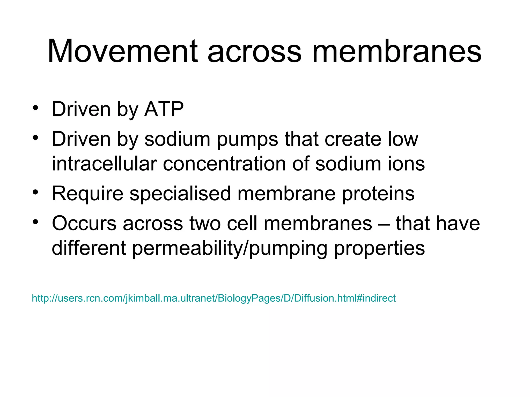 Movement across membranes
• Driven by ATP
• Driven by sodium pumps that create low
intracellular concentration of sodium ions
• Require specialised membrane proteins
• Occurs across two cell membranes – that have
different permeability/pumping properties
http://users.rcn.com/jkimball.ma.ultranet/BiologyPages/D/Diffusion.html#indirect
 