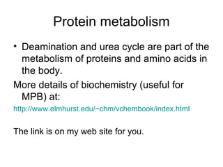 Protein metabolism
• Deamination and urea cycle are part of the
metabolism of proteins and amino acids in
the body.
More details of biochemistry (useful for
MPB) at:
http://www.elmhurst.edu/~chm/vchembook/index.html
The link is on my web site for you.
 
