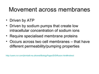 Movement across membranes
• Driven by ATP
• Driven by sodium pumps that create low
intracellular concentration of sodium ions
• Require specialised membrane proteins
• Occurs across two cell membranes – that have
different permeability/pumping properties
http://users.rcn.com/jkimball.ma.ultranet/BiologyPages/D/Diffusion.html#indirect
 