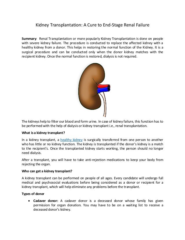 Kidney Transplantation A Cure to EndStage Renal Failure