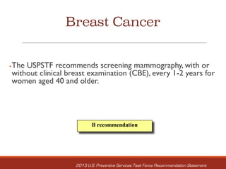 Breast Cancer
§The USPSTF recommends screening mammography, with or
without clinical breast examination (CBE), every 1-2 years for
women aged 40 and older.
B recommendation
2013 U.S. Preventive Services Task Force Recommendation Statement
 