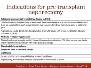 Indications for pre-transplant
nephrectomy
Guidelines on Renal Transplantation, European Association of Urology 2014
 