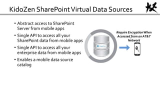 KidoZen SharePointVirtual Data Sources
• Abstract access to SharePoint
Server from mobile apps
• Single API to access all your
SharePoint data from mobile apps
• Single API to access all your
enterprise data from mobile apps
• Enables a mobile data source
catalog
Require EncryptionWhen
Accessed from an AT&T
Network
 