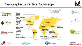 100+ customers in
12 countries
Canada
United States
AustraliaSouth Africa
Taiwan
Philippines
Argentin
a
Egypt
Kuwait
Saudi Arabia
UAE
Mexico
India
Malaysia
Singapore
Indonesia
China
Europe
Austria
Belgium
Czech Republic
France
Germany
Hungary
Ireland
Italy
Luxembourg
Netherlands
Norway
Portugal
Slovakia
Spain
Sweden
Switzerland
United Kingdom
Russia
Geographic &Vertical Coverage
 