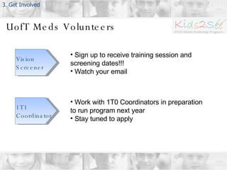 UofT Meds Volunteers 3. Get Involved Vision Screener 1T1 Coordinator Sign up to receive training session and screening dates!!! Watch your email Work with 1T0 Coordinators in preparation to run program next year Stay tuned to apply 