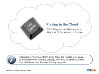 Playing in the CloudWhat Happens in Cyberspace, Stays in Cyberspace … ForeverFacebook’s ”Terms of Use” gives them the right to use, copy, publicly perform, publicly display, reformat, translate, excerpt and distribute User Content for any purpose. 