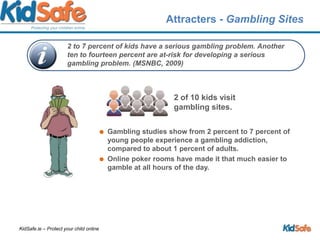 Attracters - Gambling Sites2 of 10 kids visit gambling sites. Gambling studies show from 2 percent to 7 percent of young people experience a gambling addiction, compared to about 1 percent of adults.Online poker rooms have made it that much easier to gamble at all hours of the day. 2 to 7 percent of kids have a serious gambling problem. Another ten to fourteen percent are at-risk for developing a serious gambling problem. (MSNBC, 2009)