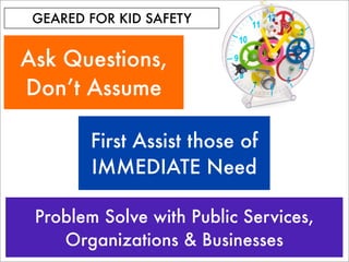 GEARED FOR KID SAFETY


Ask Questions,
Don’t Assume

        First Assist those of
        IMMEDIATE Need

 Problem Solve with Public Services,
    Organizations & Businesses
 