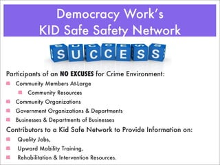 Democracy Work’s
           KID Safe Safety Network


Participants of an NO EXCUSES for Crime Environment:
   Community Members At-Large
       Community Resources
   Community Organizations
   Government Organizations & Departments
   Businesses & Departments of Businesses
Contributors to a Kid Safe Network to Provide Information on:
   Quality Jobs,
   Upward Mobility Training,
   Rehabilitation & Intervention Resources.
 