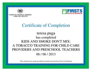 Kids and smoke dont mix tobacco certificate