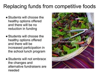 Replacing funds from competitive foods
●Students will choose the
healthy options offered
and there will be no
reduction in funding
●Students will choose the
healthy options offered
and there will be
increased participation in
the school lunch program
●Students will not embrace
the changes and
alternative fundraisers are
needed
 