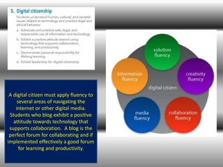 A digital citizen must apply fluency to
several areas of navigating the
internet or other digital media.
Students who blog exhibit a positive
attitude towards technology that
supports collaboration. A blog is the
perfect forum for collaborating and if
implemented effectively a good forum
for learning and productivity.
 