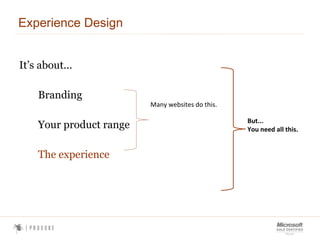 Experience Design <ul><li>It’s about... </li></ul><ul><li>Branding </li></ul><ul><li>Your product range </li></ul><ul><li>...
