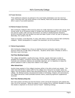 Kid's Community College

3.6 Future Services
   Three additional campuses are planned in the rural Tampa marketplac e over the next four
   years. Franchise start-ups will be offered in the Orlando, Miami and Jacksonville marketplac e
   after 2 years of successful operation.



4.0 Market Analysis Summary
   Kid's Community College® offers services which are vitally important in today's fast pac ed, dual-
   income world. As an increasing number of families have bec ome dependent on two incomes,
   the need for quality child care has skyroc keted. Ac cording to Florida Business Statistics,
   84.6% of licensed child care fac ilities succeed and make a profit in their 1st year of operation.
   Nationally, this number is 66.7%.

   There is no doubt, in the Riverview, FL area, that there is room and a need for Kid's Community
   College®. Market demographics to support this statement can be found below.



4.1 Market Segmentation
   Kid's Community College® has a foc us on meeting the loc al community need for child care
   services within the 10-mile radius of Riverview. Students will be taken in flexibly on either a
   full-time or part-time basis.

   Full-Time Working Couples

   The college will establish a significantly large, full-time, regular client base in order to
   establish the healthy, consistent revenue base which will ensure stability of the business.
   Customer and community relations are extremely important, as it is imperative to keep the
   parents pleased in order to keep their children in the college.

   After School Care

   Another large segment of the college's business will be in the after sc hool care market. This
   client base will provide a higher profit for the college since instructor-to-student ratios are
   higher, and the students require more educational services, which are the primary foc us of the
   college. By offering tutoring, and advanced studies in tec hnology, theatre, arts and sc iences,
   the college will attrac t these profitable business clients, producing significant supplemental
   revenues.

   Part-Time Workers/Drop-Ins

   Part-time workers and Drop-Ins from the fitness center and loc als businesses will comprise less
   than 1% of the revenues. While this market is not a primary foc us, sufficient flexibility to handle
   this market is important to the loc al 'word-of-mouth' marketing strategy.




                                                                                                  Page 9
 