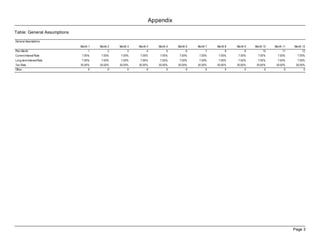 Appendix
Table: General Assumptions

General Assumptions
                             Month 1   Month 2   Month 3   Month 4   Month 5   Month 6   Month 7   Month 8   Month 9   Month 10   Month 11   Month 12
Plan Month                         1         2         3         4         5         6         7         8         9         10         11         12
Current Interest Rate         7.00%     7.00%     7.00%     7.00%     7.00%     7.00%     7.00%     7.00%     7.00%      7.00%      7.00%      7.00%
Long-term Interest Rate       7.00%     7.00%     7.00%     7.00%     7.00%     7.00%     7.00%     7.00%     7.00%      7.00%      7.00%      7.00%
Tax Rate                     30.00%    30.00%    30.00%    30.00%    30.00%    30.00%    30.00%    30.00%    30.00%     30.00%     30.00%     30.00%
Other                             0         0         0         0         0         0         0         0         0          0          0          0




                                                                                                                                             Page 3
 