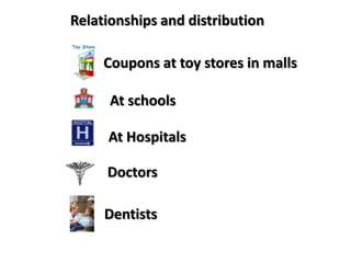 Relationships and distribution

     Coupons at toy stores in malls

      At schools

     At Hospitals

     Doctors

     Dentists
 