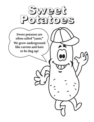 SweetSweet
PotatoesPotatoes
Sweet potatoes are
often called “yams.”
We grow underground
like carrots and have
to be dug up!
 