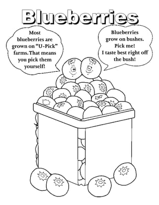 BlueberriesBlueberries
Most
blueberries are
grown on “U-Pick”
farms.That means
you pick them
yourself!
Blueberries
grow on bushes.
Pick me!
I taste best right off
the bush!
 