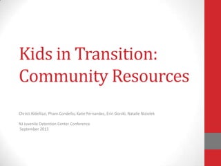 Kids in Transition:
Community Resources
Christi Aldellizzi, Pham Condello, Katie Fernandez, Erin Gorski, Natalie Niziolek
NJ Juvenile Detention Center Conference
September 2013
 