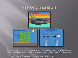 Source: Inside Education, Earthrise from AlJazeera
Students and teachers code about what is important to them, what they are
passionate about like modelling solutions to the problem of global warming.
 