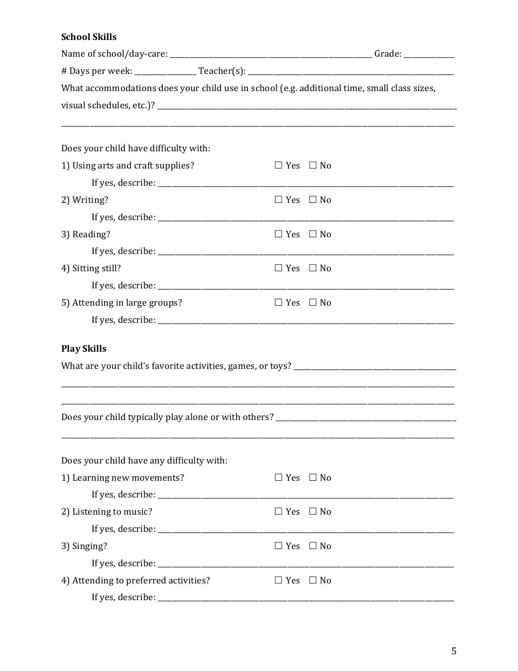 Kids Therapy Forms Initial Questionnaire