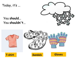 Today, it‘s ...
Sandals
You should...
You shouldn't...
T-shirt Gloves
 