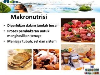 Makronutrisi
• Diperlukan dalam jumlah besar
• Proses pembakaran untuk
menghasilkan tenaga
• Menjaga tubuh, sel dan sistem
 
